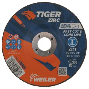 Weiler 58069 4″ x 1/4″ TIGER ZIRC Type 27 Grinding Wheel Z24T 5/8 A.H., 10/BOX