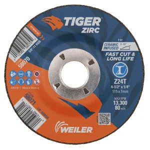 Weiler 58071 4-1/2″ x 1/4″ TIGER ZIRC Type 27 Grinding Wheel, Z24T, 7/8″ A.H., 10/BOX