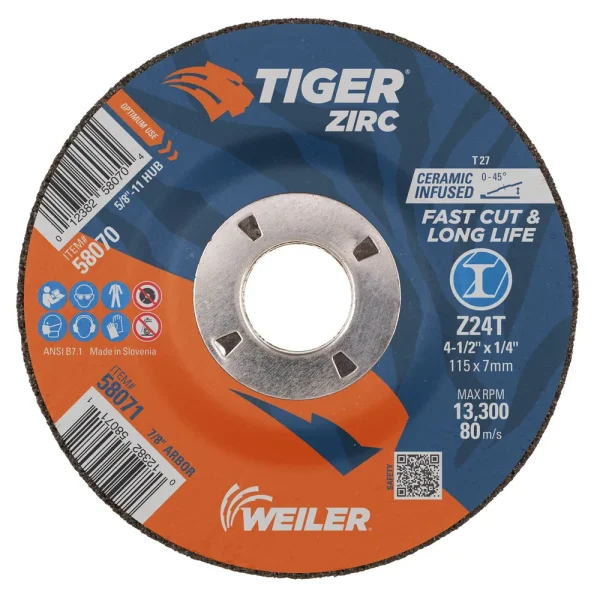 Weiler 58071 4-1/2″ x 1/4″ TIGER ZIRC Type 27 Grinding Wheel, Z24T, 7/8″ A.H., 10/BOX