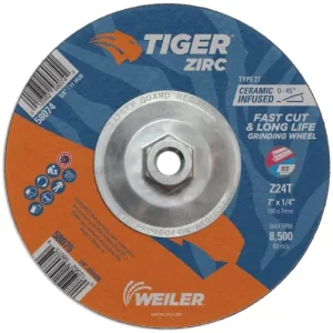 Weiler Tiger Zirc Grinding Wheel w/Hub – 7″ X 1/4″ Type 27 58074