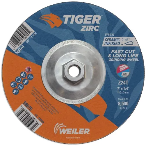 Weiler Tiger Zirc Grinding Wheel w/Hub – 7″ X 1/4″ Type 27 58074