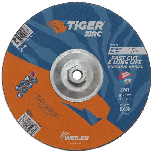 Weiler Tiger Zirc Grinding Wheel w/Hub – 9″ X 1/4″ Type 27 58076