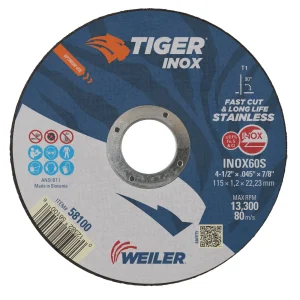 Weiler 58100 4-1/2″ x .045″ TIGER INOX Type 1 Cut-Off Wheel, INOX60S, 7/8″ A.H., 25/BOX