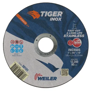 Weiler 58101 5″ x .045″ TIGER INOX Type 1 Cut-Off Wheel, INOX60S, 7/8″ A.H., 25/BOX