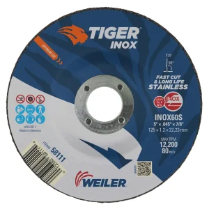 Weiler 58111 5″ x .045″ TIGER INOX Type 27 Cutting Wheel, INOX60S, 7/8″ A.H., 25/BOX