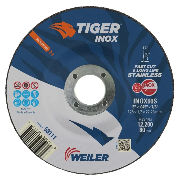 Weiler 58111 5″ x .045″ TIGER INOX Type 27 Cutting Wheel, INOX60S, 7/8″ A.H., 25/BOX