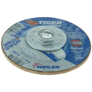 Weiler 58114 4-1/2″ x 1/8″ TIGER INOX Type 27 Cut/Grind Combo Wheel, INOX30T, 5/8″-11 Nut, 10/BOX