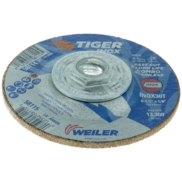Weiler 58114 4-1/2″ x 1/8″ TIGER INOX Type 27 Cut/Grind Combo Wheel, INOX30T, 5/8″-11 Nut, 10/BOX