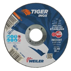 Weiler 58115 4-1/2″ x 1/8″ TIGER INOX Type 27 Cut/Grind Combo Wheel, INOX30T, 7/8″ A.H., 25/BOX