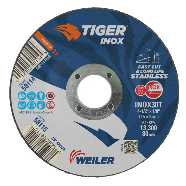 Weiler 58115 4-1/2″ x 1/8″ TIGER INOX Type 27 Cut/Grind Combo Wheel, INOX30T, 7/8″ A.H., 25/BOX