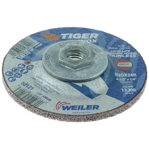 Weiler 58120 4-1/2″ x 1/4″ TIGER INOX Type 27 Grinding Wheel, INOX24R, 5/8″-11 Nut, 10/BOX