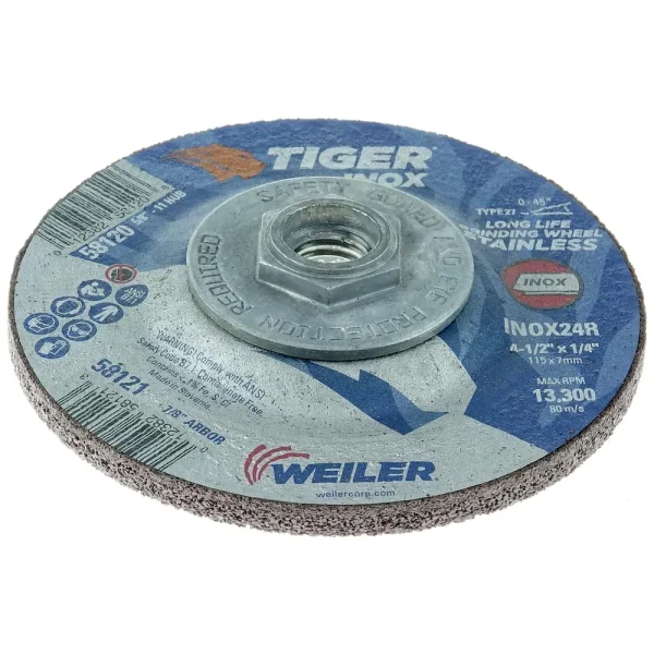 Weiler 58120 4-1/2″ x 1/4″ TIGER INOX Type 27 Grinding Wheel, INOX24R, 5/8″-11 Nut, 10/BOX