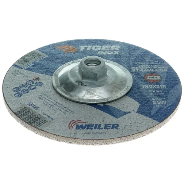 Weiler 58124 7″ x 1/4″ TIGER INOX Type 27 Grinding Wheel, INOX24R, 5/8″-11 Nut, 10/BOX