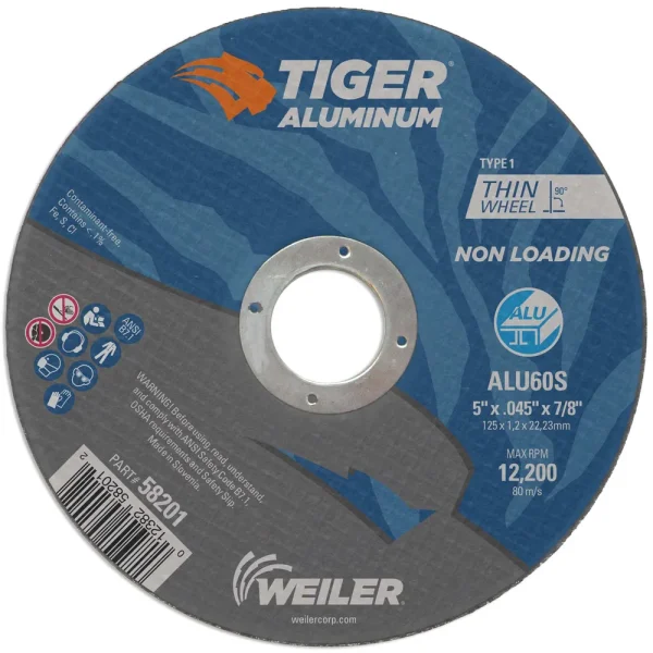 Weiler 58201 5″ x .045″ TIGER ALUMINUM Type 1 Cut-Off Wheel ALU60S 7/8 A.H., 25/BOX