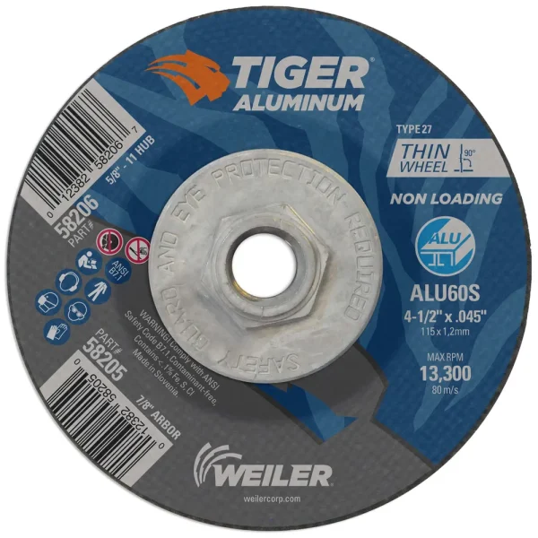 Weiler 58206 4-1/2 x .045 TIGER ALUMINUM Type 27 Cutting Wheel ALU60S 5/8-11 Nut, 10/BOX