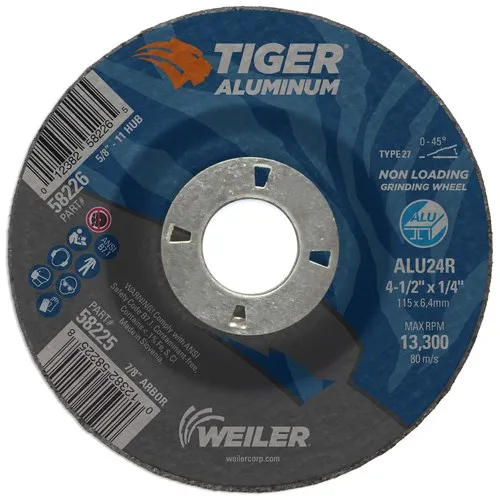 Weiler 58225 4-1/2″ x 1/4″ TIGER ALUMINUM Type 27 Grinding Wheel ALU24R 7/8 A.H., 10/BOX