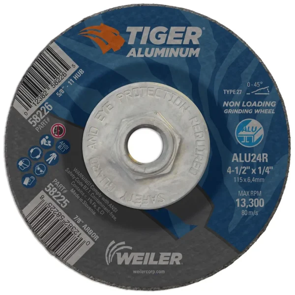 Weiler 58226 4-1/2″ x 1/4″ TIGER ALUMINUM Type 27 Grinding Wheel ALU24R 5/8-11 Nut, 10/BOX