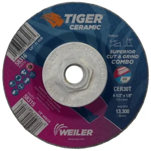 Weiler Tiger Ceramic Cut/Grind Wheel – 4 1/2″ X 1/8″ Type 27 58316