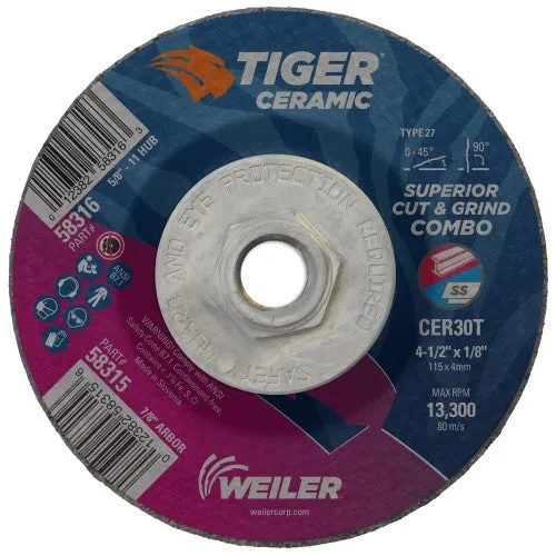 Weiler Tiger Ceramic Cut/Grind Wheel – 4 1/2″ X 1/8″ Type 27 58316