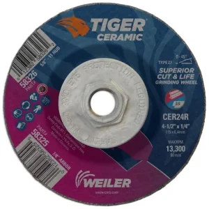 Weiler Tiger Ceramic Grinding Wheel w/Hub – 4 1/2″ X 1/4″ Type 27 58326