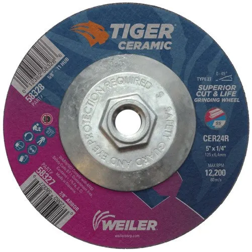 Weiler Tiger Ceramic Grinding Wheel w/Hub – 5″ X 1/4″ Type 27 58328
