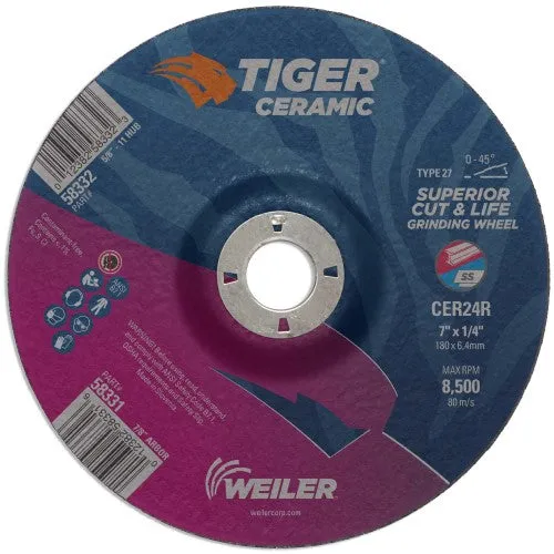 Weiler Tiger Ceramic Grinding Wheel – 7″ X 1/4″ Type 27 58331