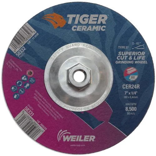Weiler Tiger Ceramic Grinding Wheel w/Hub – 7″ X 1/4″ Type 27 58332