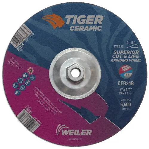 Weiler Tiger Ceramic Grinding Wheel w/Hub – 9″ X 1/4″ Type 27 58334