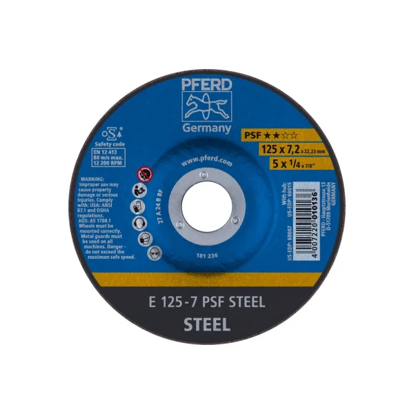 PFERD 60007 Grinding Wheel, 5″ x 1/4 , 7/8 PSF STEEL, T27, Aluminum oxide, 10/BOX