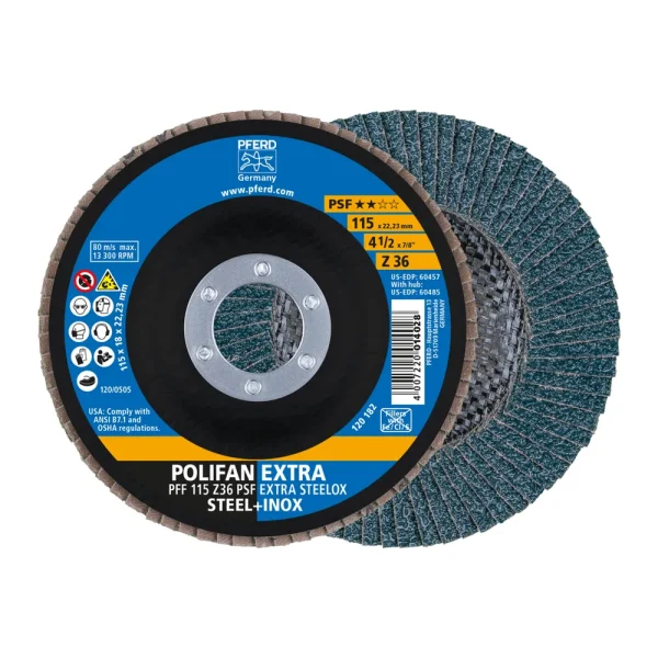 PFERD 60457 Flap Disc, 4-1/2″ x 7/8, Z PSF EXTRA STEELOX, 36 Grit, T27, Flat, Zirconia, 10/BOX