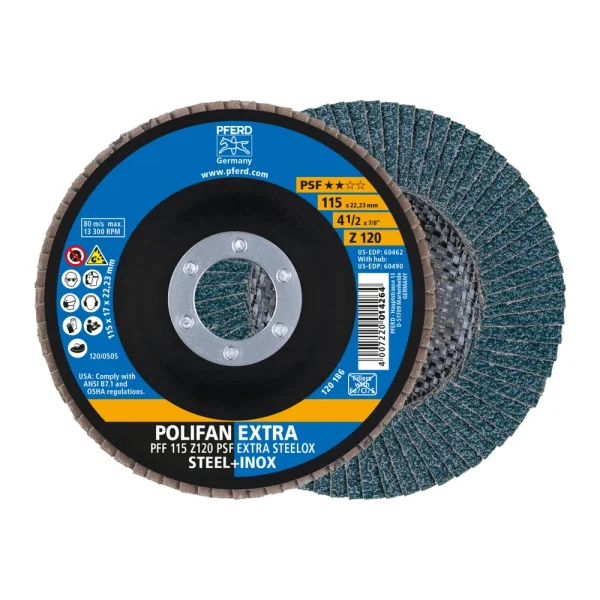 PFERD 60462 Flap Disc, 4-1/2″ x 7/8, Z PSF EXTRA STEELOX, 120 Grit, T27, Flat, Zirconia, 10/BOX