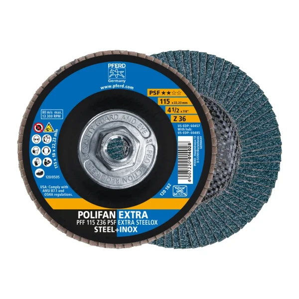 PFERD 60485 Flap Disc, 4-1/2″ x 5/8-11, Z PSF EXTRA STEELOX, 36 Grit, T27, Flat, Zirconia, 10/BOX