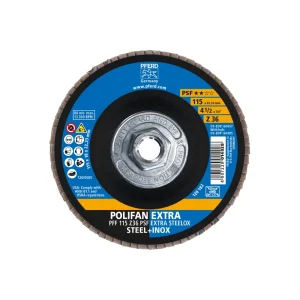 PFERD 60485 Flap Disc, 4-1/2″ x 5/8-11, Z PSF EXTRA STEELOX, 36 Grit, T27, Flat, Zirconia, 10/BOX