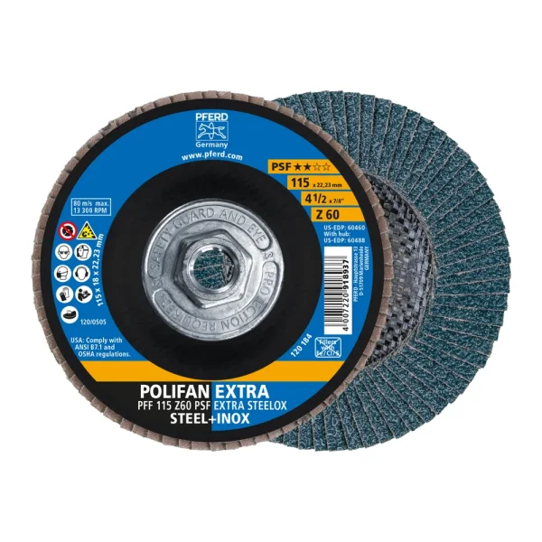 PFERD 60488 Flap Disc, 4-1/2″ x 5/8-11, Z PSF EXTRA STEELOX, 60 Grit, T27, Flat, Zirconia, 10/BOX