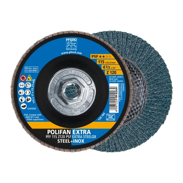 PFERD 60490 Flap Disc, 4-1/2″ x 5/8-11, Z PSF EXTRA STEELOX, 120 Grit, T27, Flat, Zirconia, 10/BOX