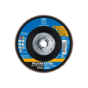 PFERD 60490 Flap Disc, 4-1/2″ x 5/8-11, Z PSF EXTRA STEELOX, 120 Grit, T27, Flat, Zirconia, 10/BOX