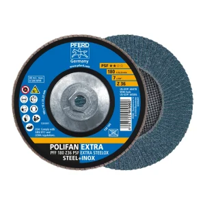 PFERD 60506 Flap Disc, 7″ x 5/8-11, Z PSF EXTRA STEELOX, 36 Grit, T27, Flat, Zirconia, 10/BOX