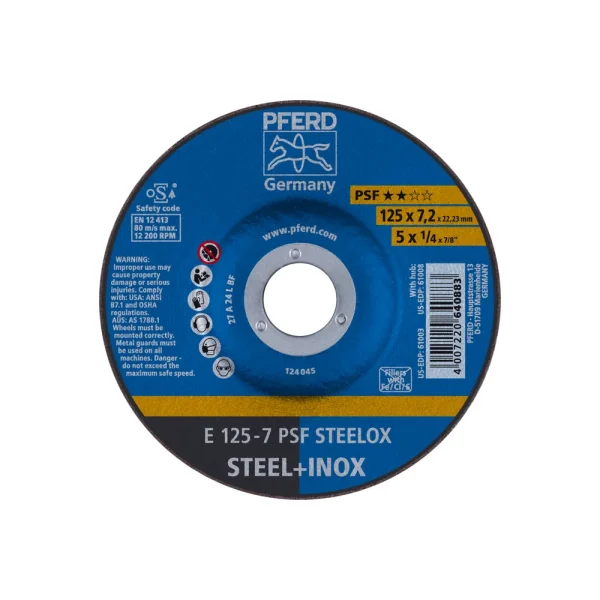 PFERD 61003 Grinding Wheel, 5″ x 1/4 x 7/8, PSF STEELOX, T27, Aluminum oxide, 10/BOX