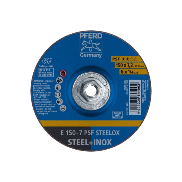 PFERD 61012 Grinding Wheel, 6″ x 1/4 x 5/8-11, PSF STEELOX, T27, Aluminum oxide, 10/BOX