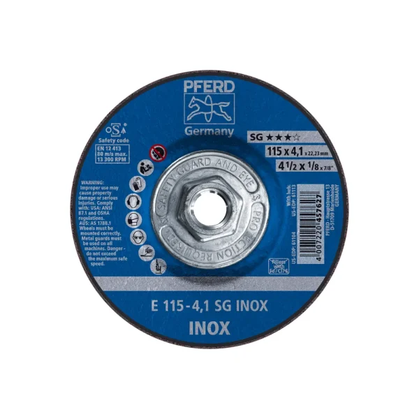 PFERD 61113 Grinding Wheel, 4-1/2″ x 1/8 x 5/8-11, SG INOX, T27, Aluminum oxide, 10/BOX