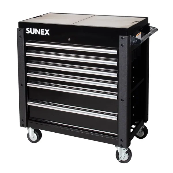 Sunex 6 DRAWER SLIDE TOP SERVICE CART W/POWER STRIP – BLACK 8035XTFDBK