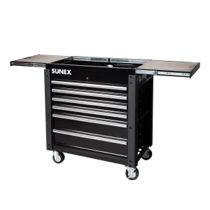 Sunex 6 DRAWER SLIDE TOP SERVICE CART W/POWER STRIP – BLACK 8035XTFDBK