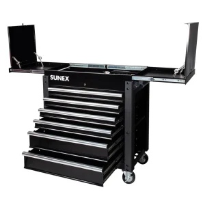 Sunex 6 DRAWER SLIDE TOP SERVICE CART W/POWER STRIP – BLACK 8035XTFDBK