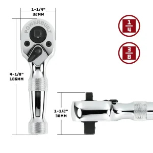 Powerbuilt 1/4 In. and 3/8 In. Drive 72 Tooth Dual Head Stubby Ratchet 640931