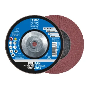 PFERD 62270 Flap Disc, 7″ x 5/8-11, A SG STEELOX, 60 Grit, T29, Conical, Aluminum oxide, 10/BOX