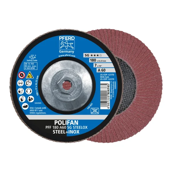 PFERD 62270 Flap Disc, 7″ x 5/8-11, A SG STEELOX, 60 Grit, T29, Conical, Aluminum oxide, 10/BOX
