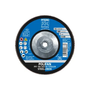PFERD 62270 Flap Disc, 7″ x 5/8-11, A SG STEELOX, 60 Grit, T29, Conical, Aluminum oxide, 10/BOX
