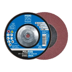 PFERD 62274 Flap Disc, 7″ x 5/8-11, A SG STEELOX, 120 Grit, T29, Conical, Aluminum oxide, 10/BOX