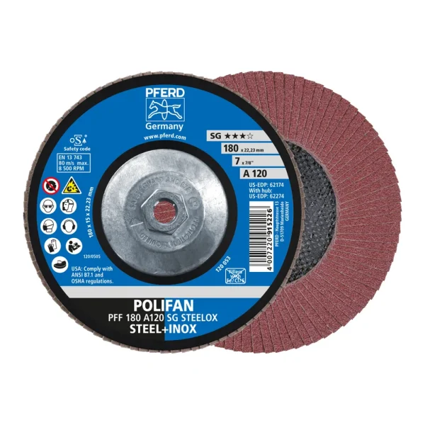 PFERD 62274 Flap Disc, 7″ x 5/8-11, A SG STEELOX, 120 Grit, T29, Conical, Aluminum oxide, 10/BOX
