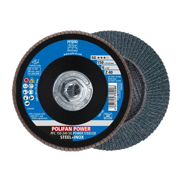 PFERD 62286 Flap Disc, 6″ x 5/8-11, Z SG POWER STEELOX, 40 Grit, T29, Conical, Zirconia, 10/BOX